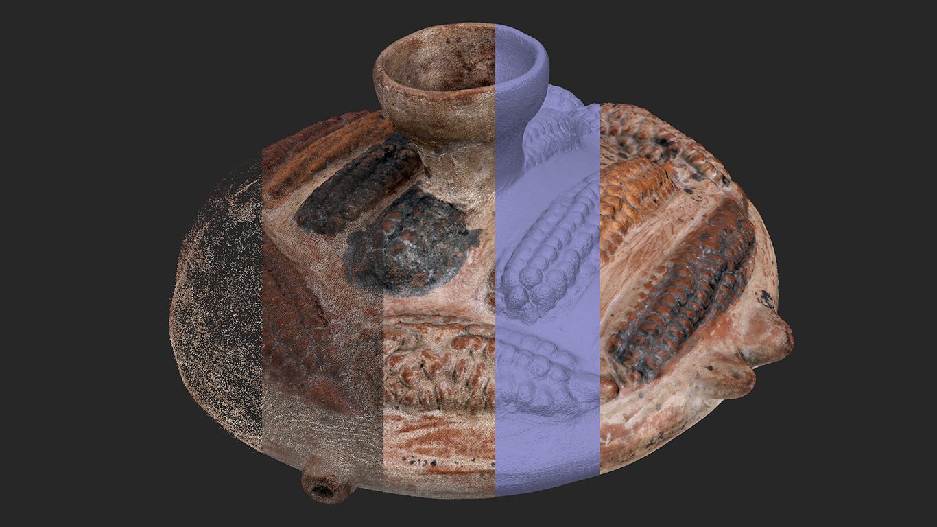 Image showing photogrammetric phases of creating a digital model. The object is a 15th-century Incan pacha in the Nasher Museum of Art’s permanent collection. Image Credit: Edward Triplett