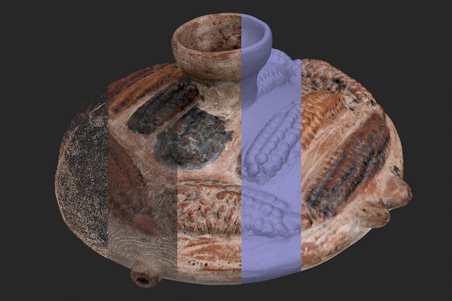 Image showing photogrammetric phases of creating a digital model. The object is a 15th-century Incan pacha in the Nasher Museum of Art’s permanent collection. Image Credit: Edward Triplett