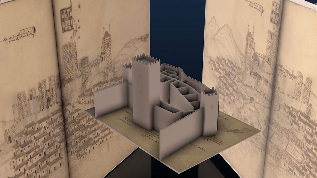 Model of a medieval Portuguese fortress with its historical documentation in the background. Image Credit: Book of Fortresses project team.