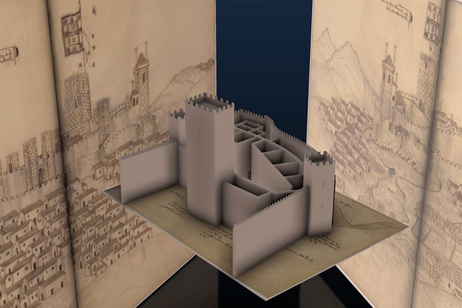 Model of a medieval Portuguese fortress with its historical documentation in the background. Image Credit: Book of Fotresses project team.