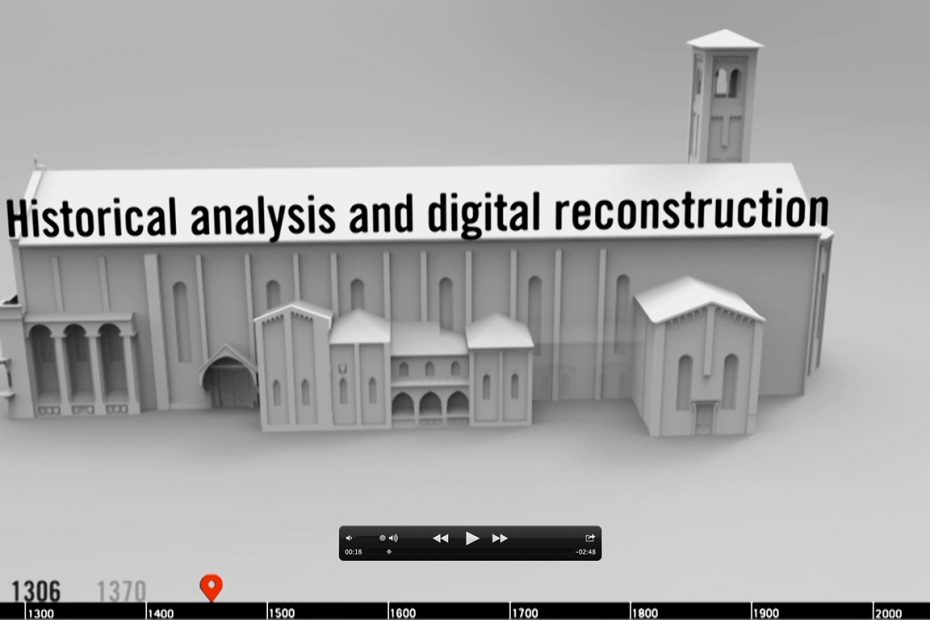 Screen capture from an animation showing the construction of a church at Eremitani.