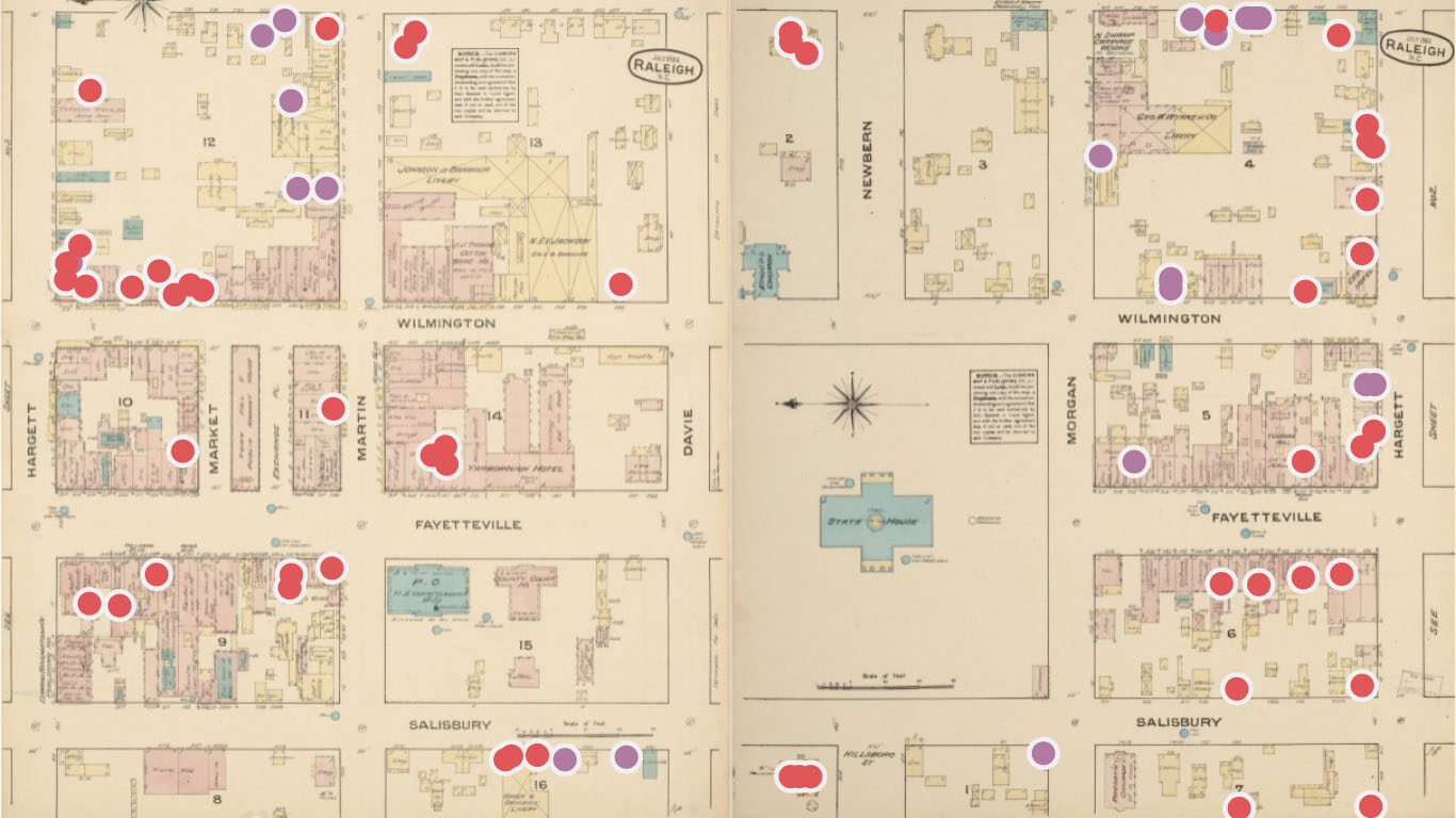 A Sanborn map annotated to show the locations where Black people worked and lived in early-twentieth-century Raleigh. Map Credit: Paloma Rodney