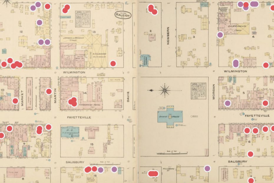 A Sanborn map annotated to show the locations where Black people worked and lived in early-twentieth-century Raleigh. Map Credit: Paloma Rodney