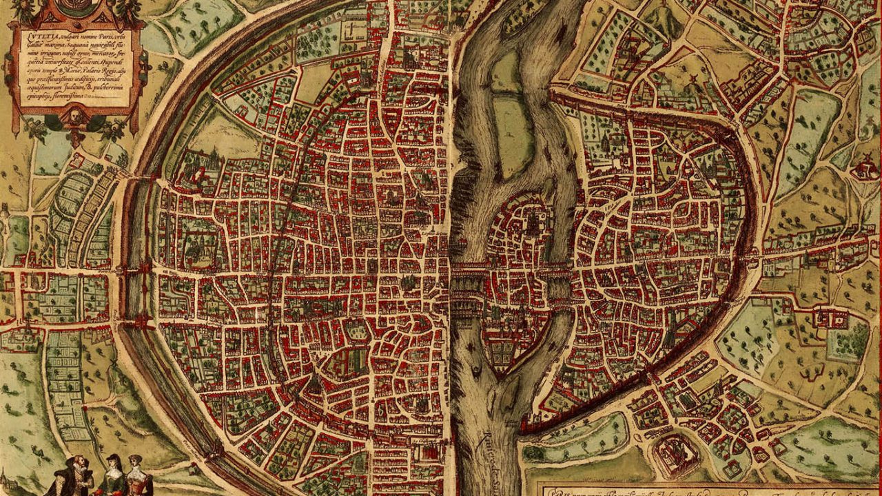Georg Braun and Frans Hogenberg, Aerial view of Paris in the Civitates orbis terrarum (Cologne, 1572). Image credit: Rubenstein Library at Duke University, https://idn.duke.edu/ark:/87924/r4h41rn8z.