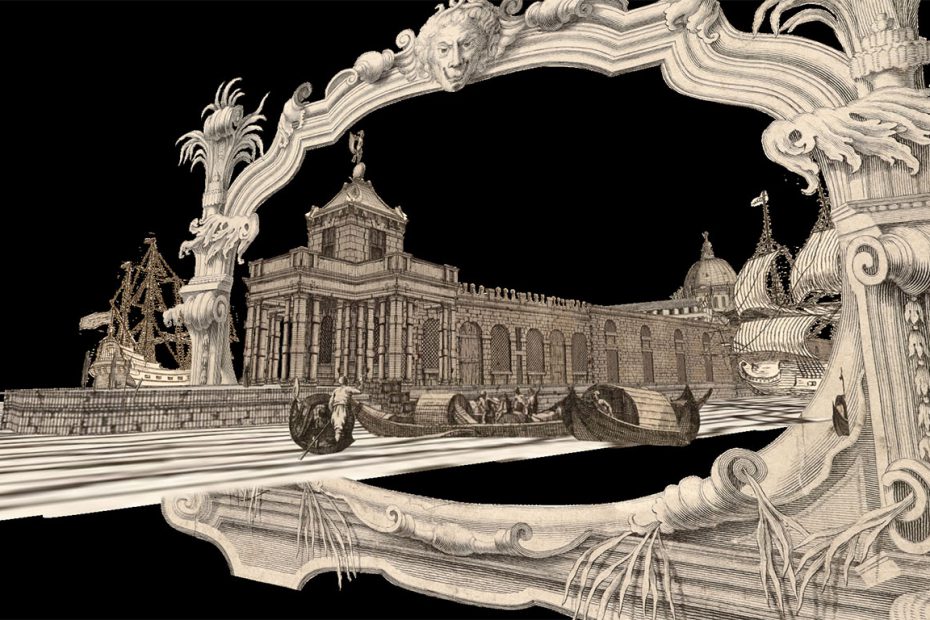 Still from a 3D parallax animation using historic imagery to show Venetian boats entering and exiting the city.