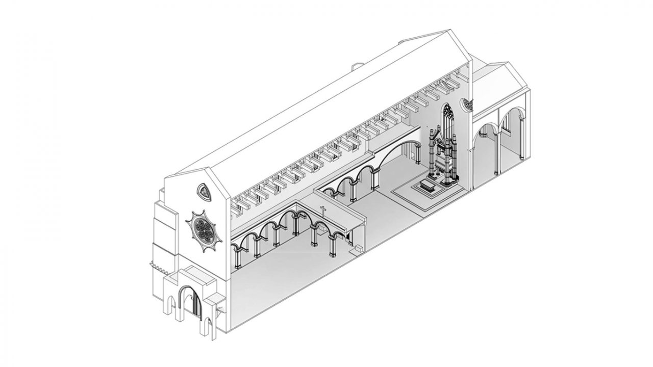 A partial model of the Sta. Chiara church in Naples showing the likely placement of a medieval choir screen. Image credit: Andrea Basso & Elisa Castagna.
