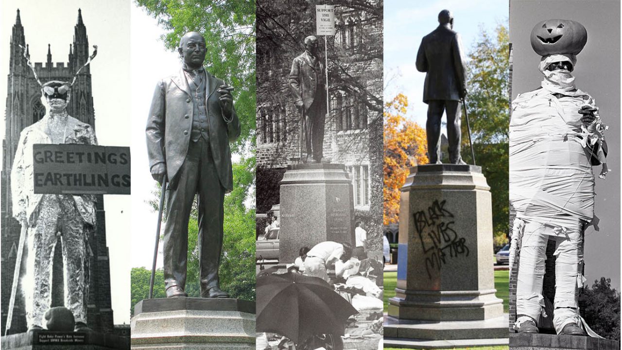 Images of the J. B. Duke statue on West Campus. Image Credit: The Duke Chronicle; Duke University Libraries.