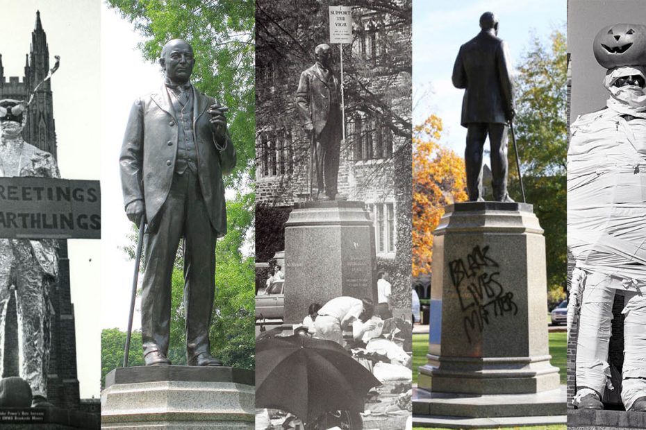 Images of the J. B. Duke statue on West Campus. Image Credit: The Duke Chronicle; Duke University Libraries.