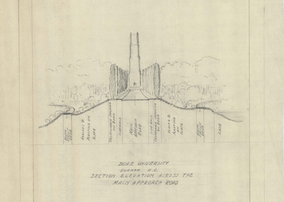 Sketch of the road leading up to Duke Chapel with written annotations describing the landscape along the road.