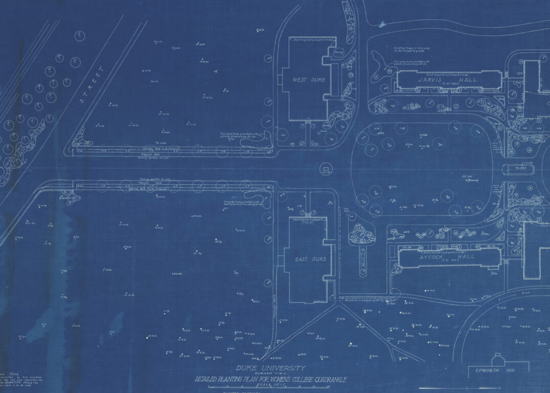 Blueprint of Duke's East Campus buildings with plantings marked with numbers and circles.