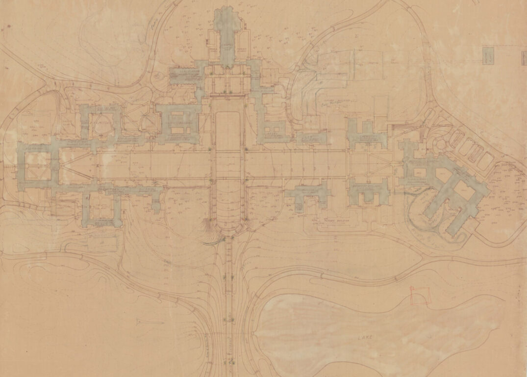 Grading plan for Duke's West Campus. Building footprints drawn in brown with buildings colored in blue, surrounding roads sketched in, and a proposed lake colored in white in the bottom right.