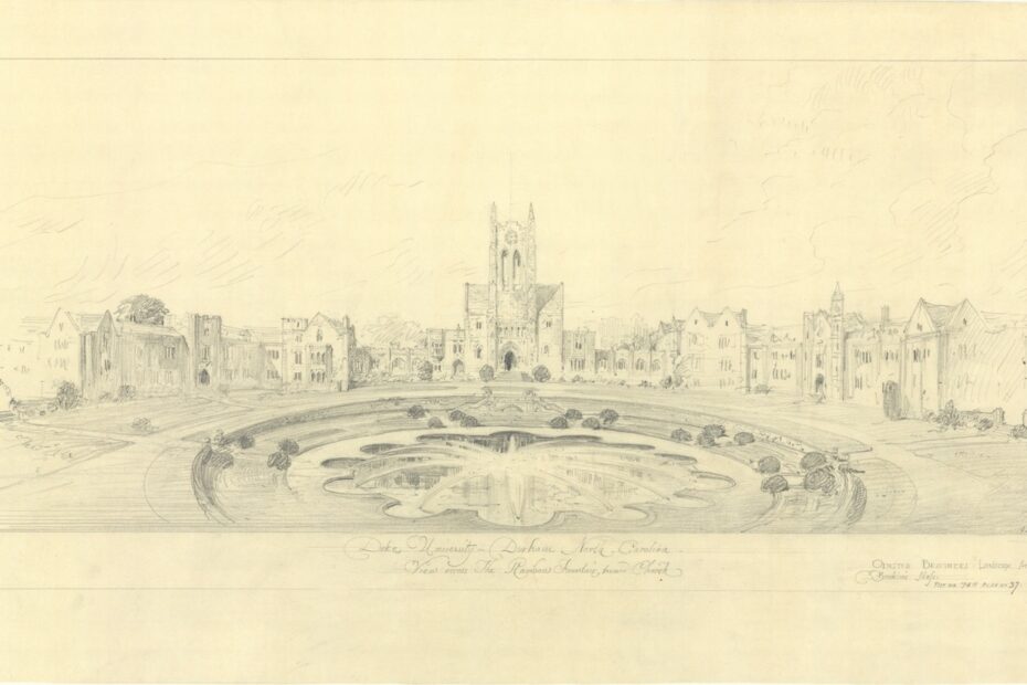 Pencil sketch showing gothic buildings with a chapel at the center and a large fountain in the foreground.