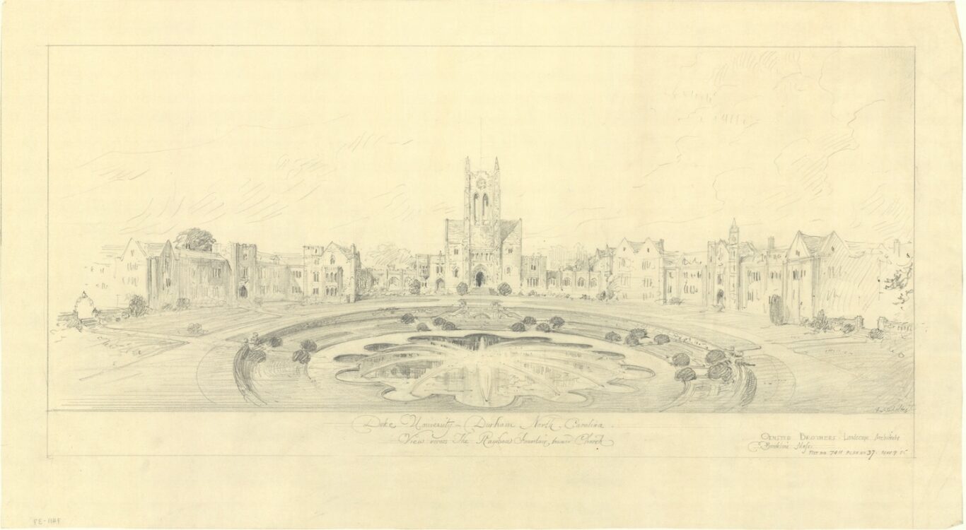 Pencil sketch showing gothic buildings with a chapel at the center and a large fountain in the foreground.