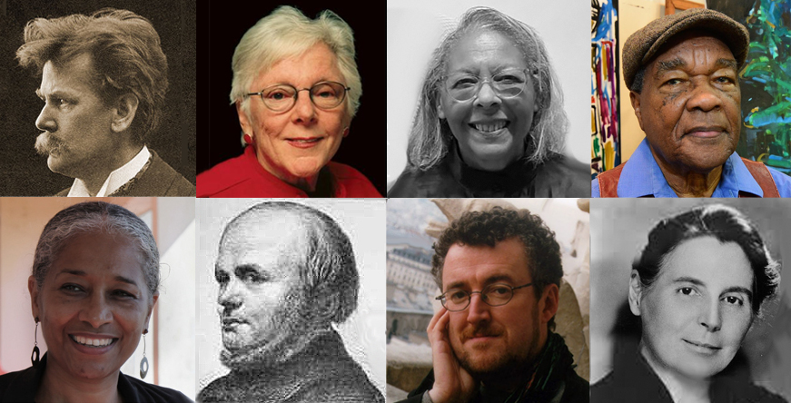 Grid of eight portraits of art historians.